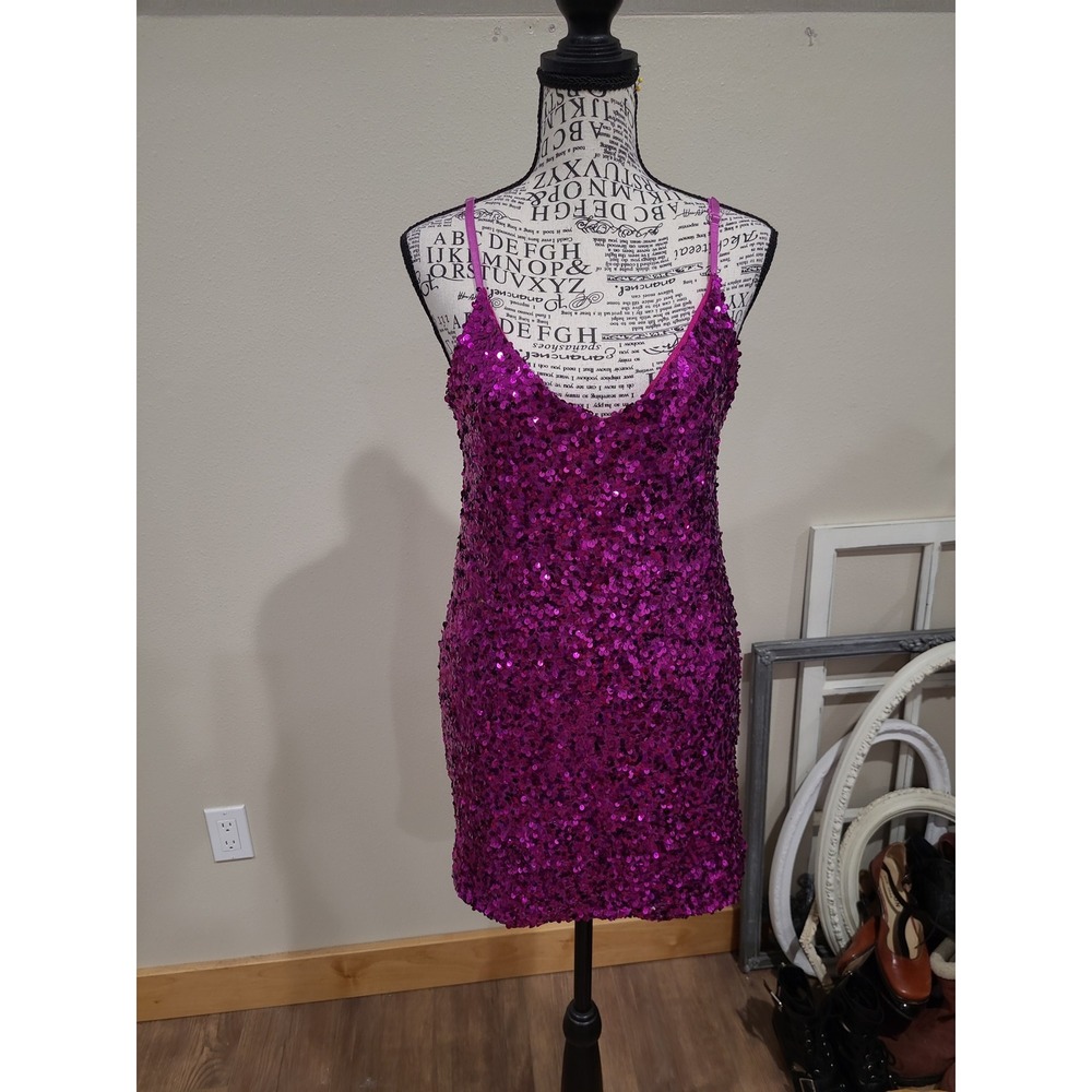 Purple Sequin Party SZ S Mini dress/strappy tunic top knit New Year holiday